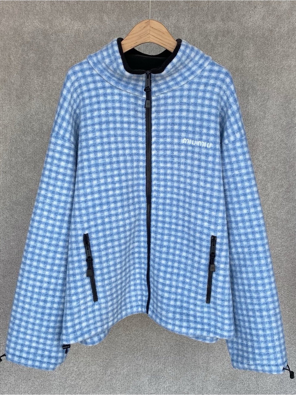 NWOT Miu Miu Gingham check fleece jacket in White/Light Blue, Size XS/S/M